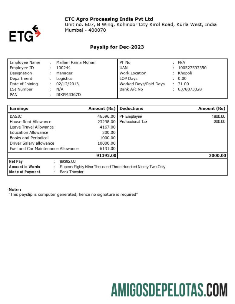 Realistis ETC Agro Processing India payslip templat in Word and PDF format.PDF, 1
