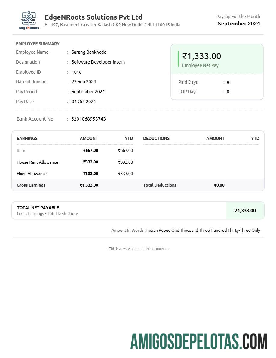 Dapat Diedit EdgeNRoots Solutions payslip templat in Word and PDF format.PDF, 1