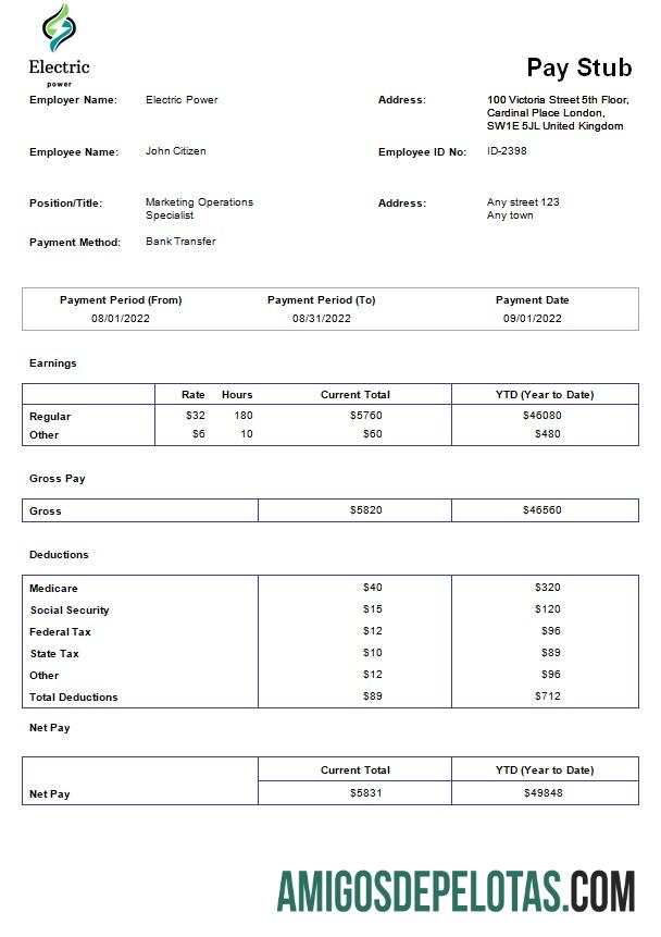 Berkualitas Electric power pay stub templat in Word and PDF format