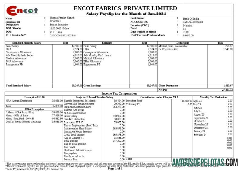 Premium Encot Fabrics corporate office payslip templat in Word and PDF format.PDF, 1
