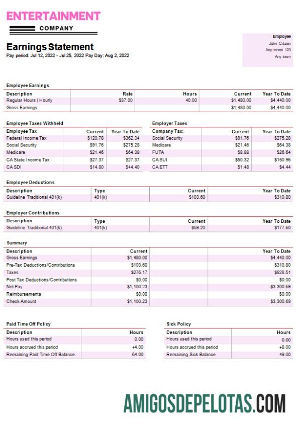 Profesional Entertainment Perusahaan paystub templat in Word and PDF format