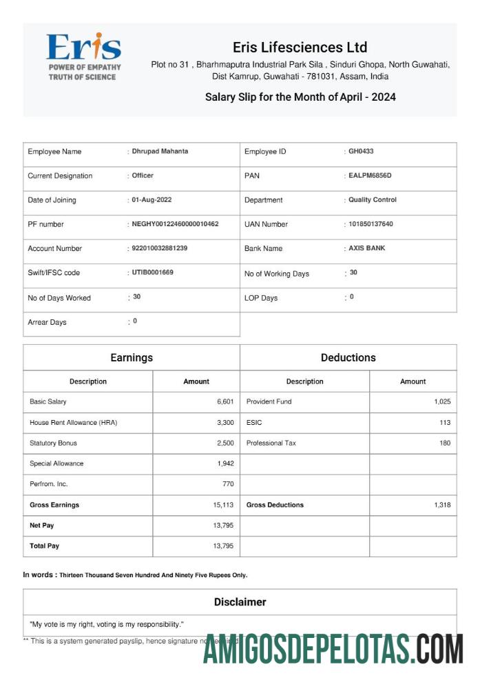 Profesional Eris Lifesciences salary slip templat in Word and PDF format.PDF, 1