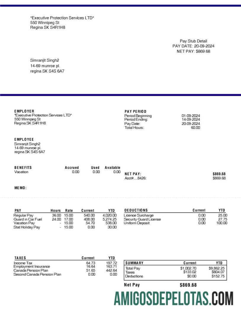 Berkualitas Executive Protection Services LTD pay stub templat in Word and PDF format.PDF, 1