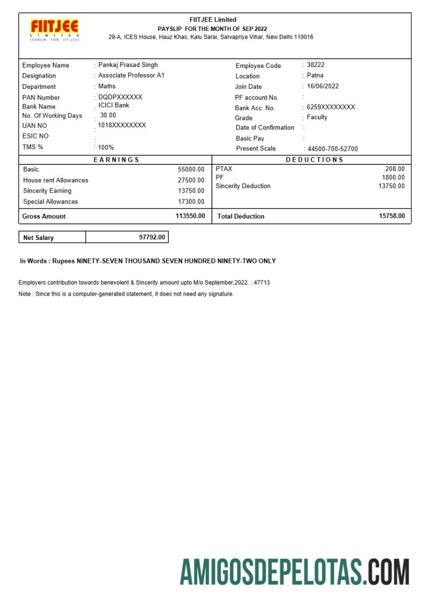 Profesional FIITJEE education center payslip templat in Word and PDF format.PDF, 1