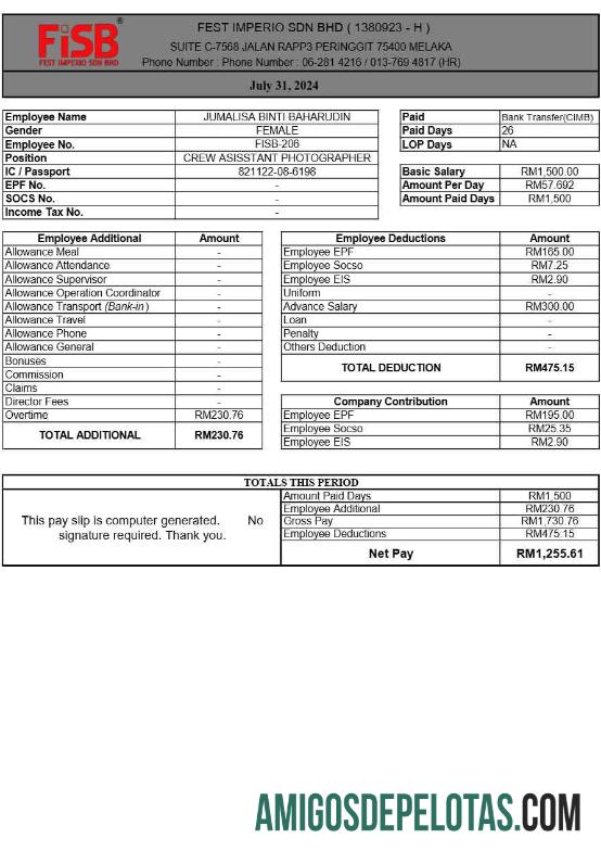 Premium Fest Imperio payslip templat in Word and PDF format.PDF, 1