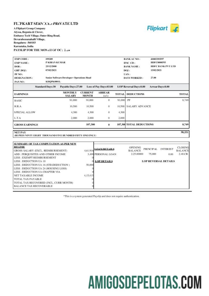 Profesional Filpkart Services payslip templat in Word and PDF format.PDF, 1