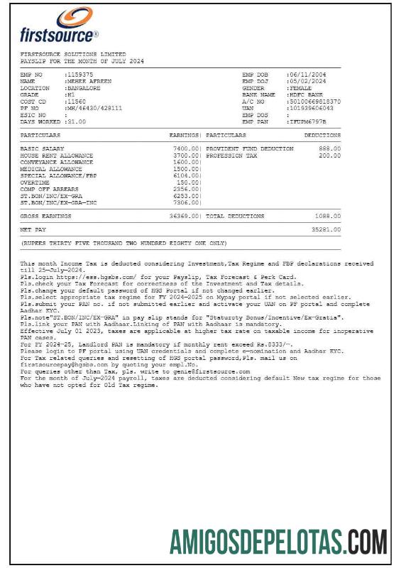 Premium Firstsource Solutions payslip templat in Word and PDF format.PDF, 1