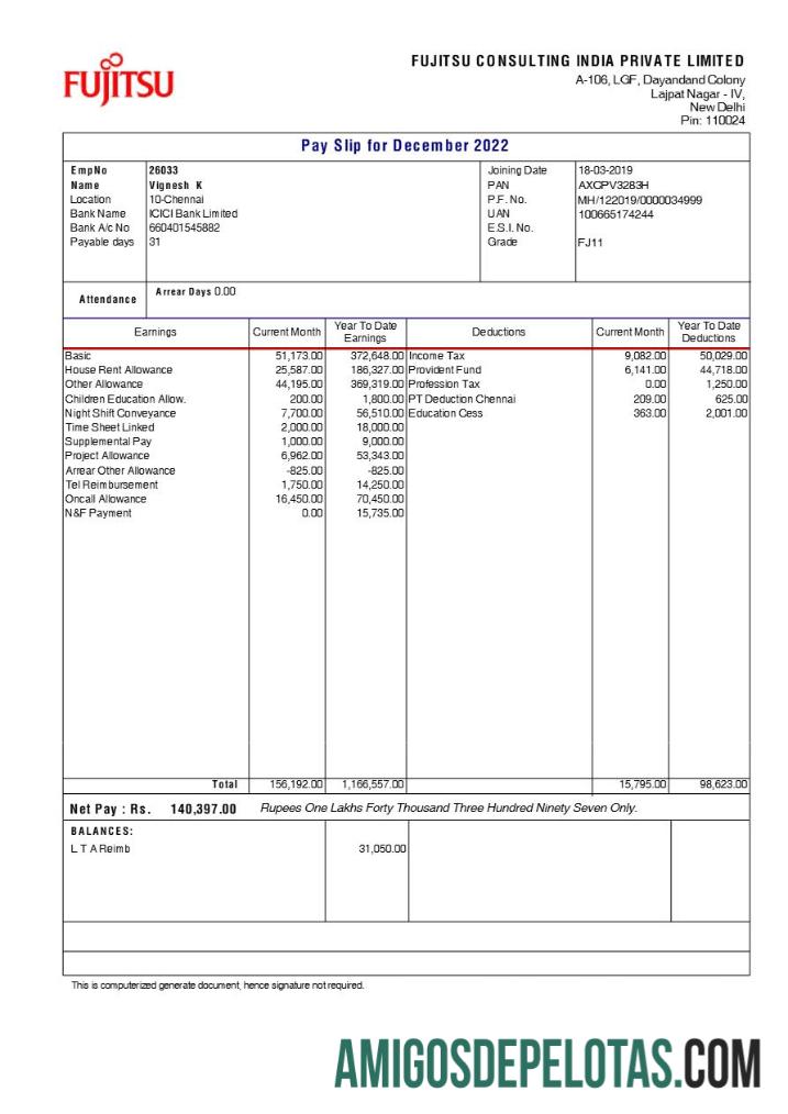 Realistis Fujitsu Consulting India payslip templat in Word and PDF format.PDF, 1