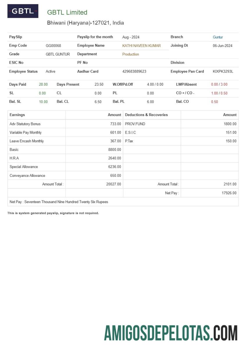 Profesional GBTL Limited tekstil Perusahaan payslip templat in Word and PDF format.PDF, 1