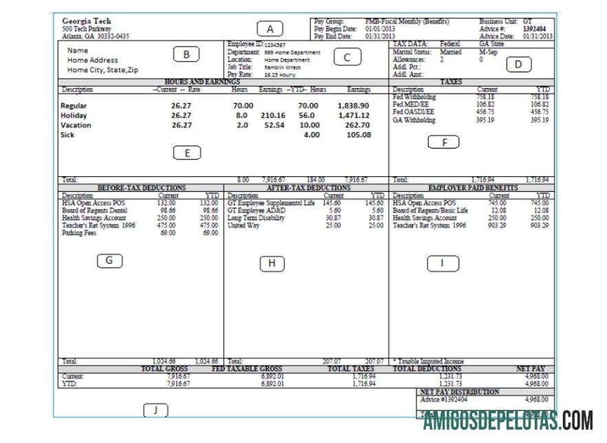 Berkualitas Georgia TECH pay stub Word and PDF templat