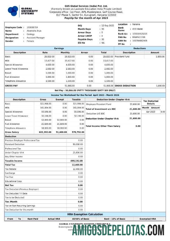 Dapat Diedit GUS Global Services India payslip templat in Word and PDF format.PDF, 1