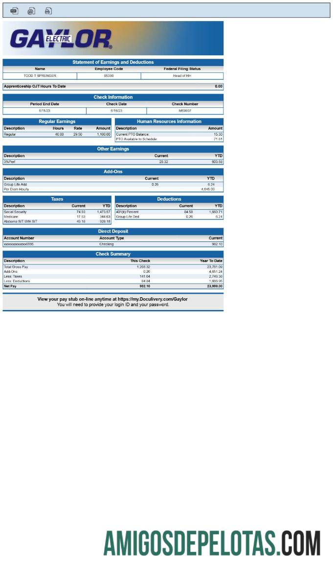Gaylor Electric laporan of earnings and deductions pay stub.PDF, 1 pratinjau