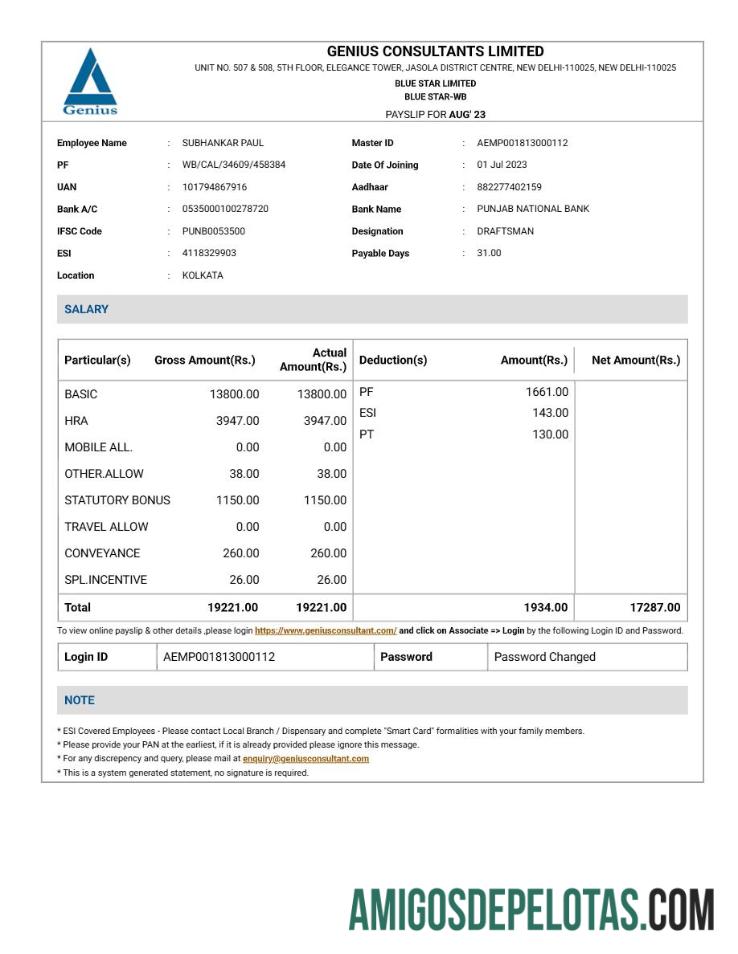 Premium Genius Consultants payslip templat in Word and PDF format.PDF, 1