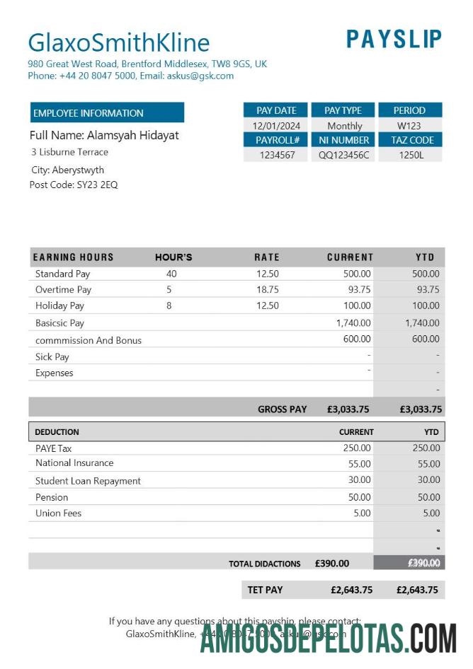 Dapat Diedit GlaxoSmithKline pharmaceutical Perusahaan payslip templat in Word and PDF format.PDF, 1