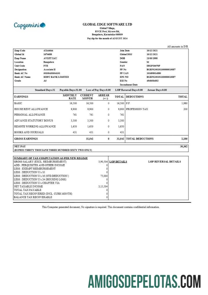 Berkualitas Global Edge Perangkat Lunak payslip templat in Word and PDF format.PDF, 1