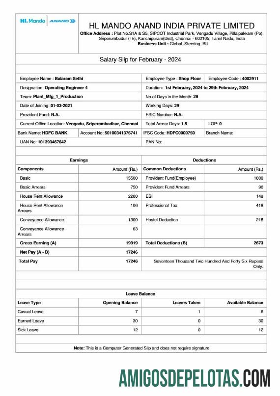 Berkualitas HL Mando Anand India manufacturer salary slip templat in Word and PDF format.PDF, 1