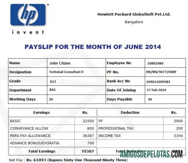 HP HEWLETT Packard GlobalSoft Pvt.Ltd payslip in Word and PDF format templat