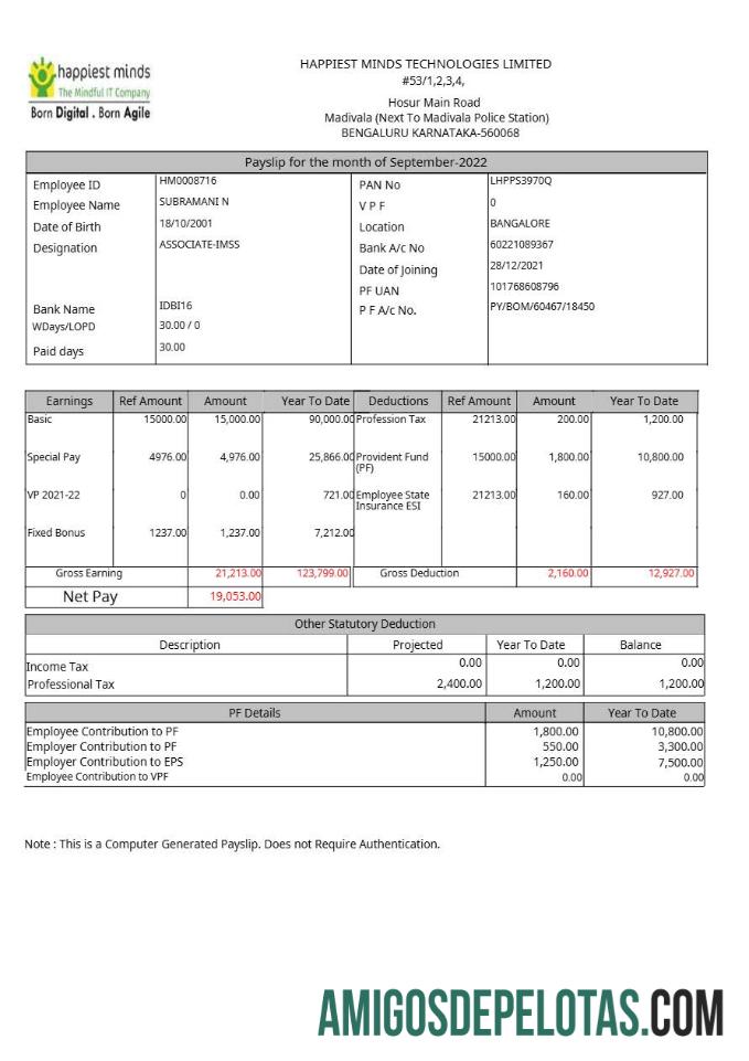 Berkualitas Happiest Minds Technologies payslip templat in Word and PDF format.PDF, 1