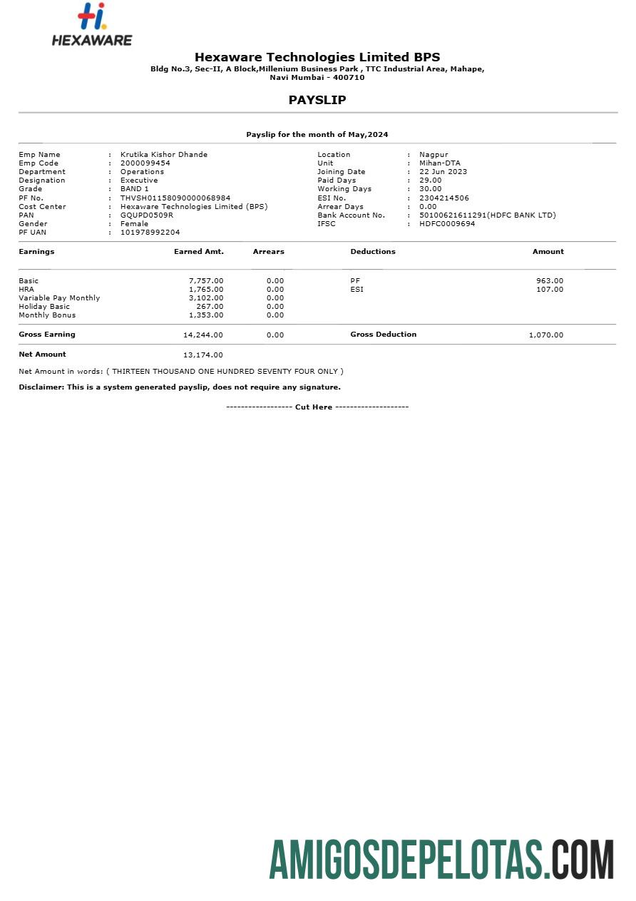 Dapat Diedit Hexaware Technologies payslip templat in Word and PDF format.PDF, 1