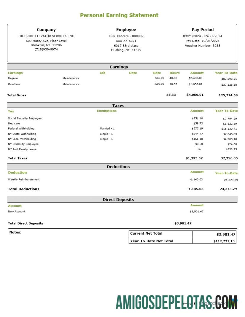 Premium Highride Elevator Services INC personal earning laporan templat in Word and PDF format.PDF, 1
