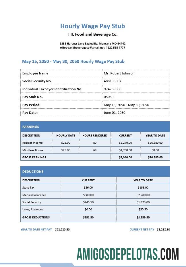 Dapat Diedit Hourly Wage Pay Stub templat