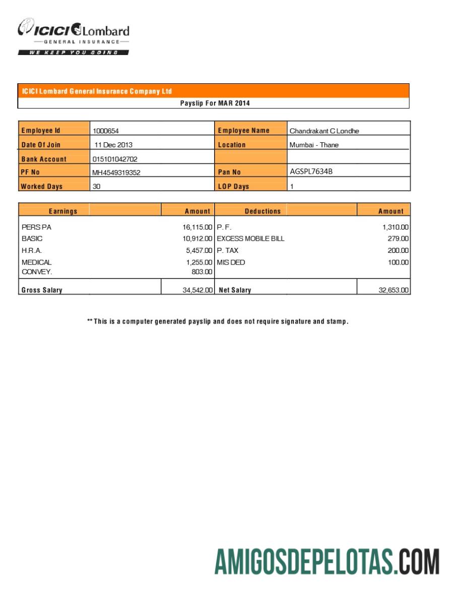 Profesional ICICI Lombard General asuransi Perusahaan payslip templat in Word and PDF format.PDF, 1