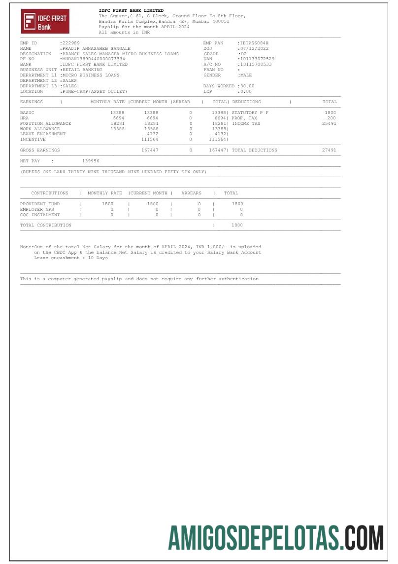 Profesional IDFC First bank LTD payslip templat in Word and PDF format.PDF, 1