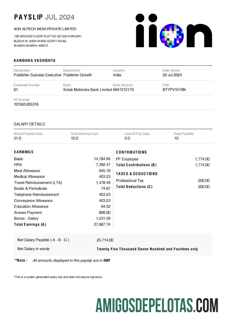 Profesional IION Adtech India payslip templat in Word and PDF format.PDF, 1