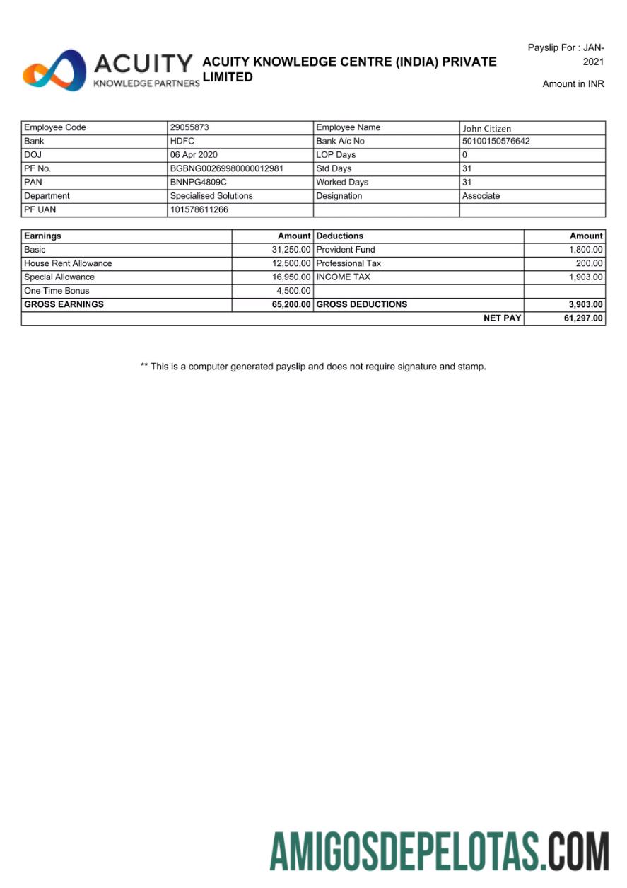 India ACUITY Knowledge Centre Private Limited payslip in Word and PDF format templat