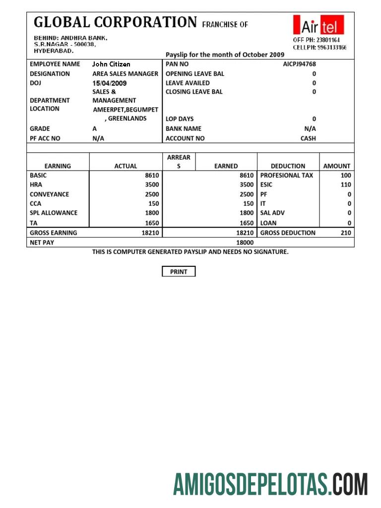 India AIRTEL multinational telecommunications services Perusahaan payslip in Word and PDF format makering