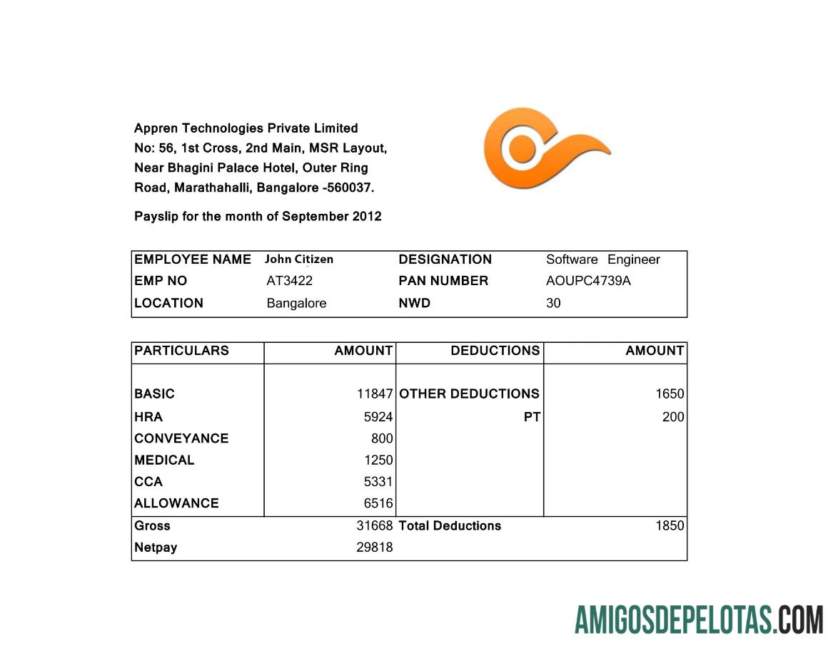 India APPREN Technologies Private Limited payslip in Word and PDF format templat