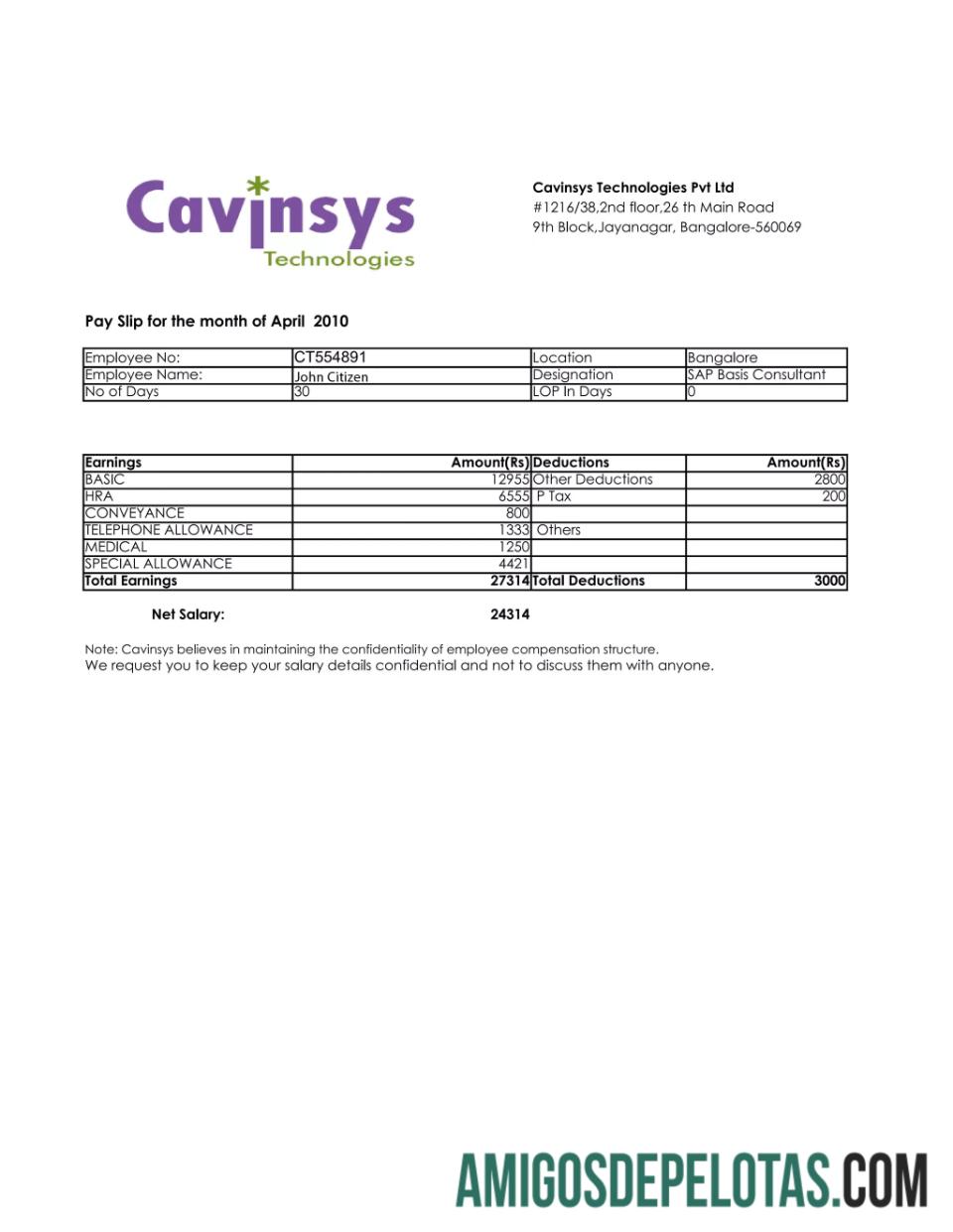India CAVINSYS Technologies Pvt Ltd payslip in Word and PDF format desain