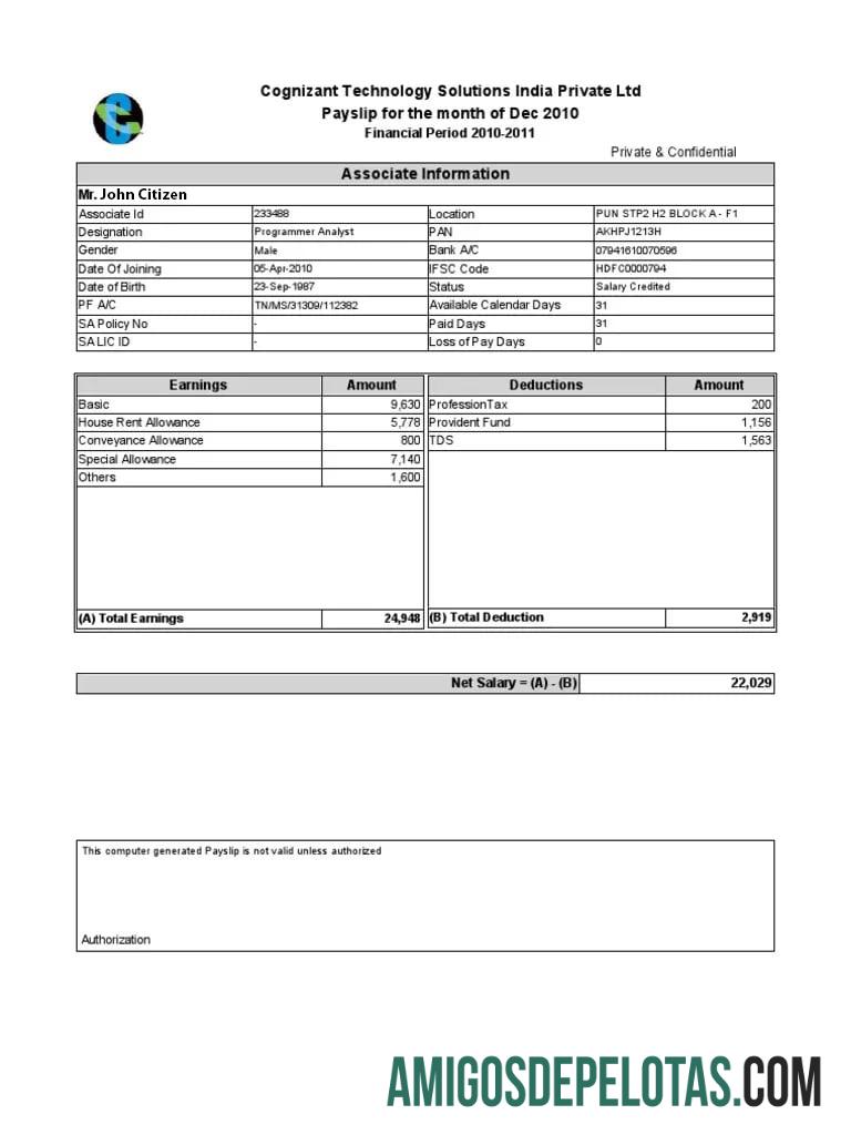 India COGNIZANT Teknologi Solutions India Private Ltd payslip in Word and PDF format sampel