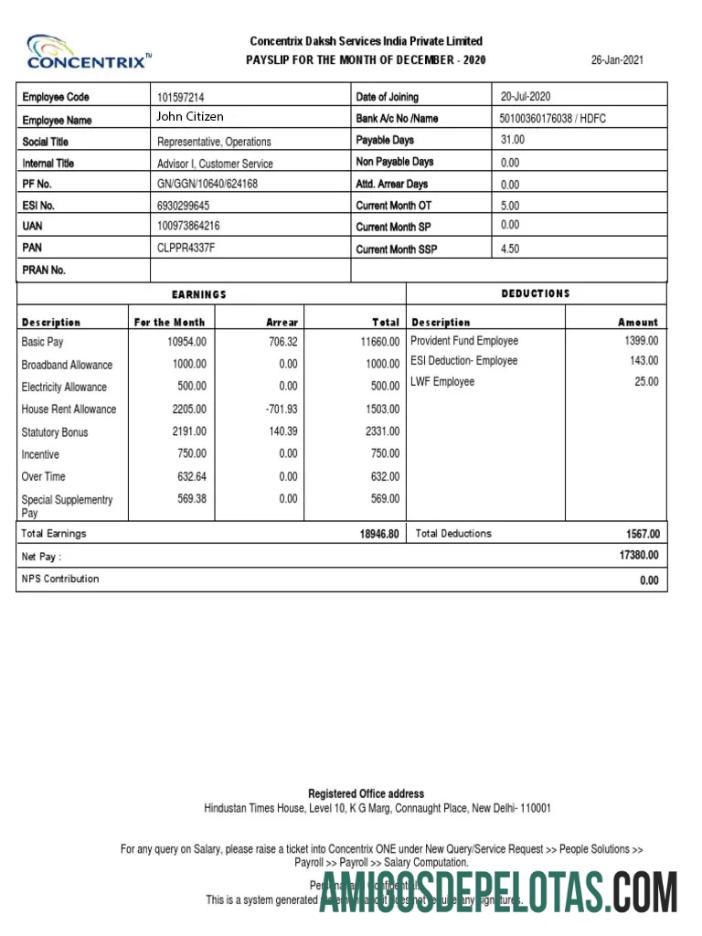 India CONCENTRIX Daksh Services India private Limited payslip in Word and PDF format sampel