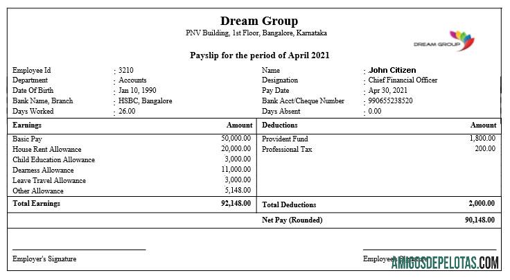 India DREAM group payslip in Word and PDF format sampel