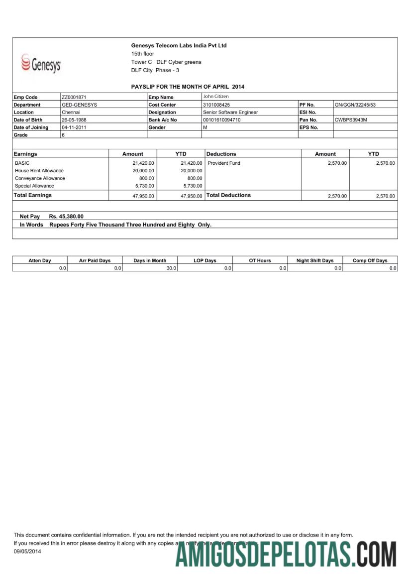 India GENESYS Telecom Labs India Pvt Ltd payslip in Word and PDF format desain