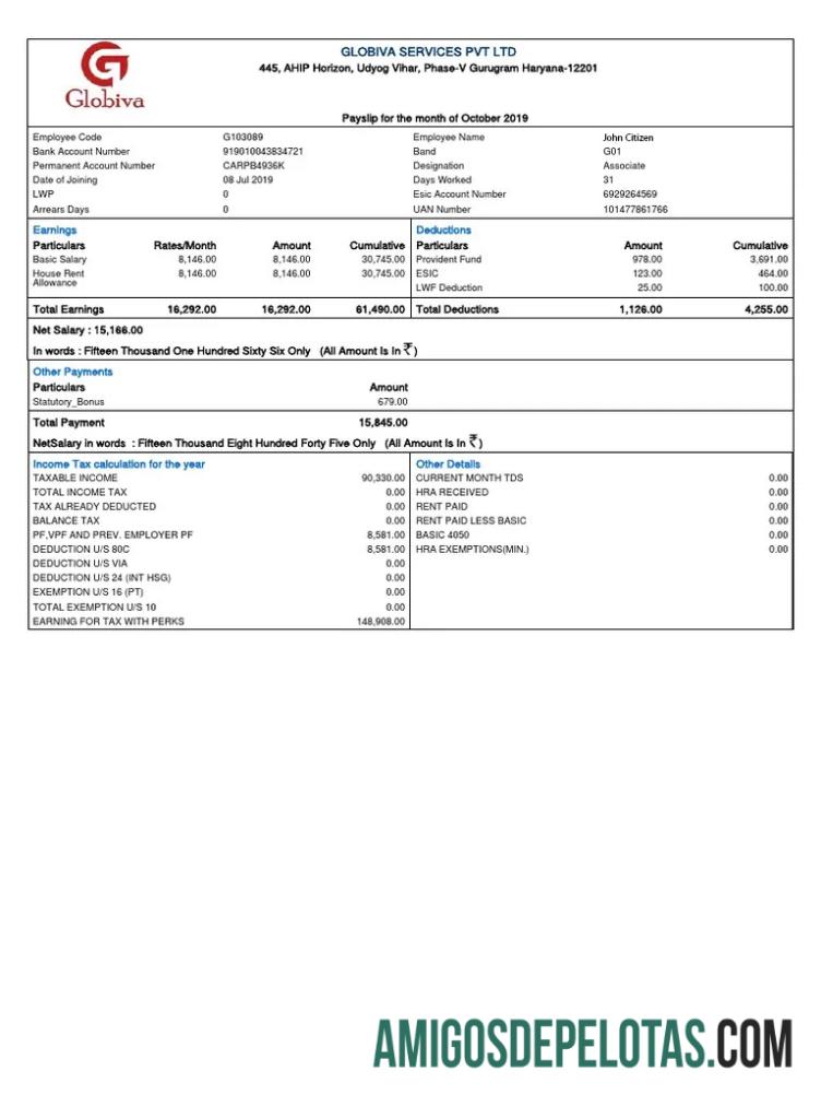 India GLOBIVA Services PVT LTD payslip in Word and PDF format templat