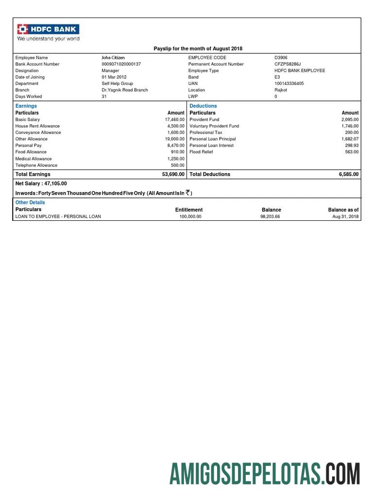Berkualitas India HDFC bank payslip templat in Word and PDF format