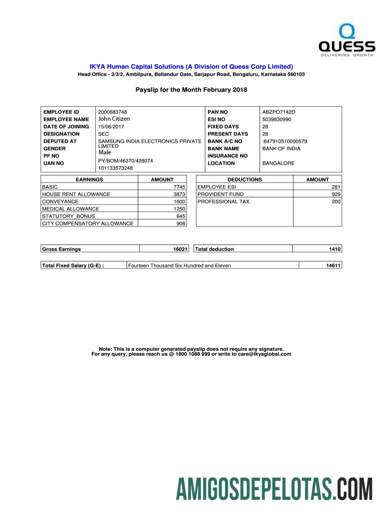 India IKYA Human Capital Solutions payslip in Word and PDF format sampel