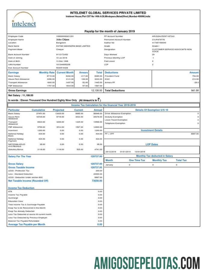 India INTELENET Global Services Limited payslip in Word and PDF format desain