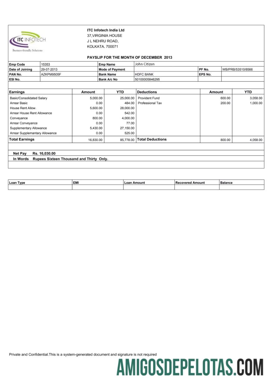 India ITC Infotech India LTD payslip in Word and PDF format makering