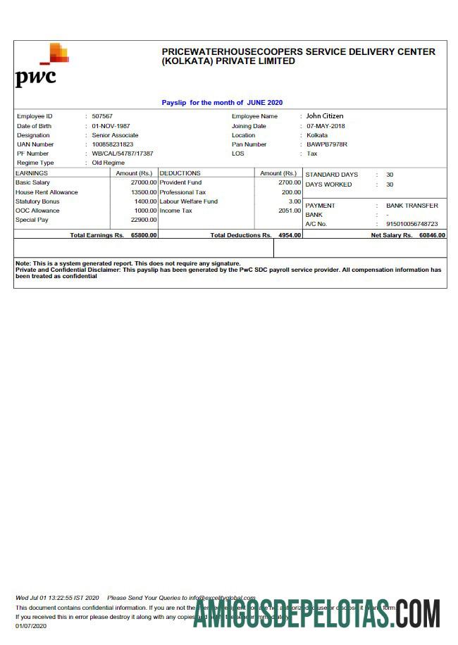 India PRICEWATERHOUSECOOPERS layanan Pengiriman Center (Kolkata) Private limited payslip in Word and PDF format desain
