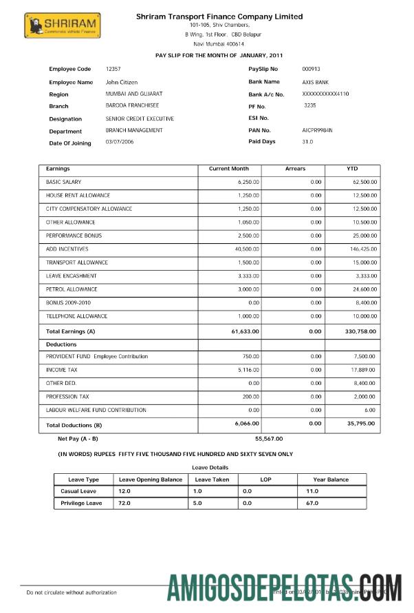 India SHRIRAM Transport Keuangan Perusahaan Limited payslip in Word and PDF format makering