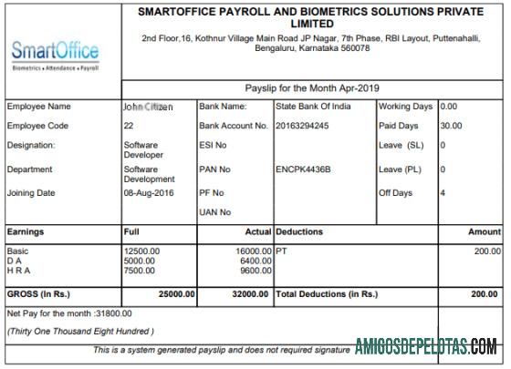 India SMARTOFFICE and Biometrics Solutions Private Limited Payroll in Word and PDF format templat