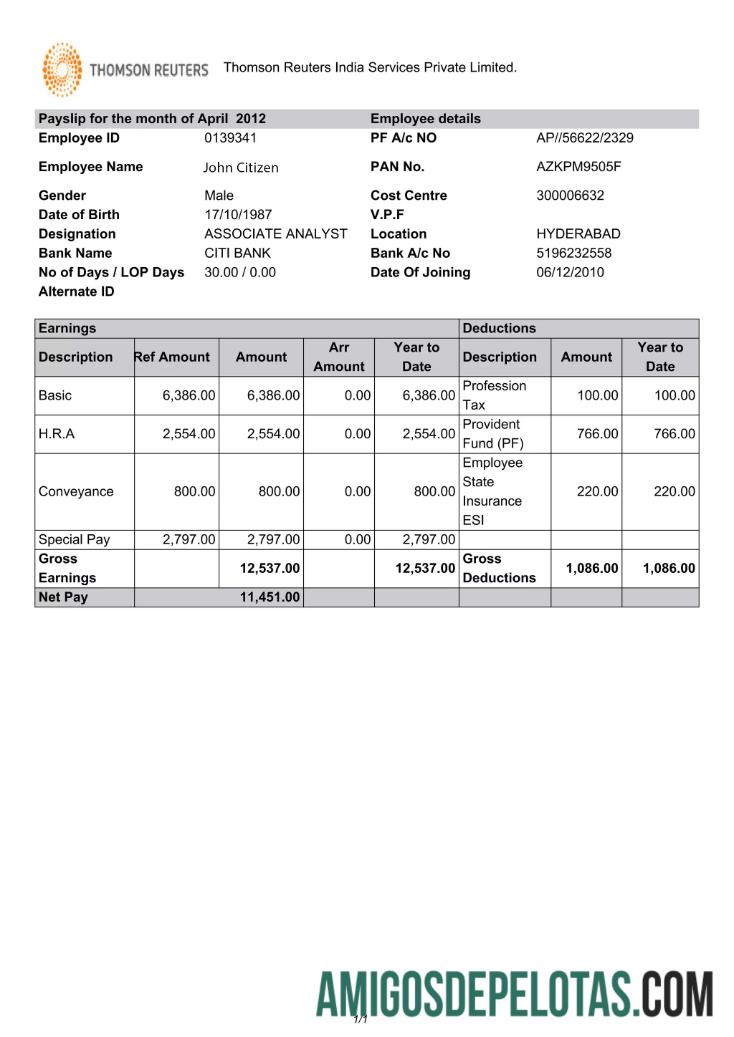 Premium India THOMSON Reuters India Services Private Limited payslip templat in Word and PDF format