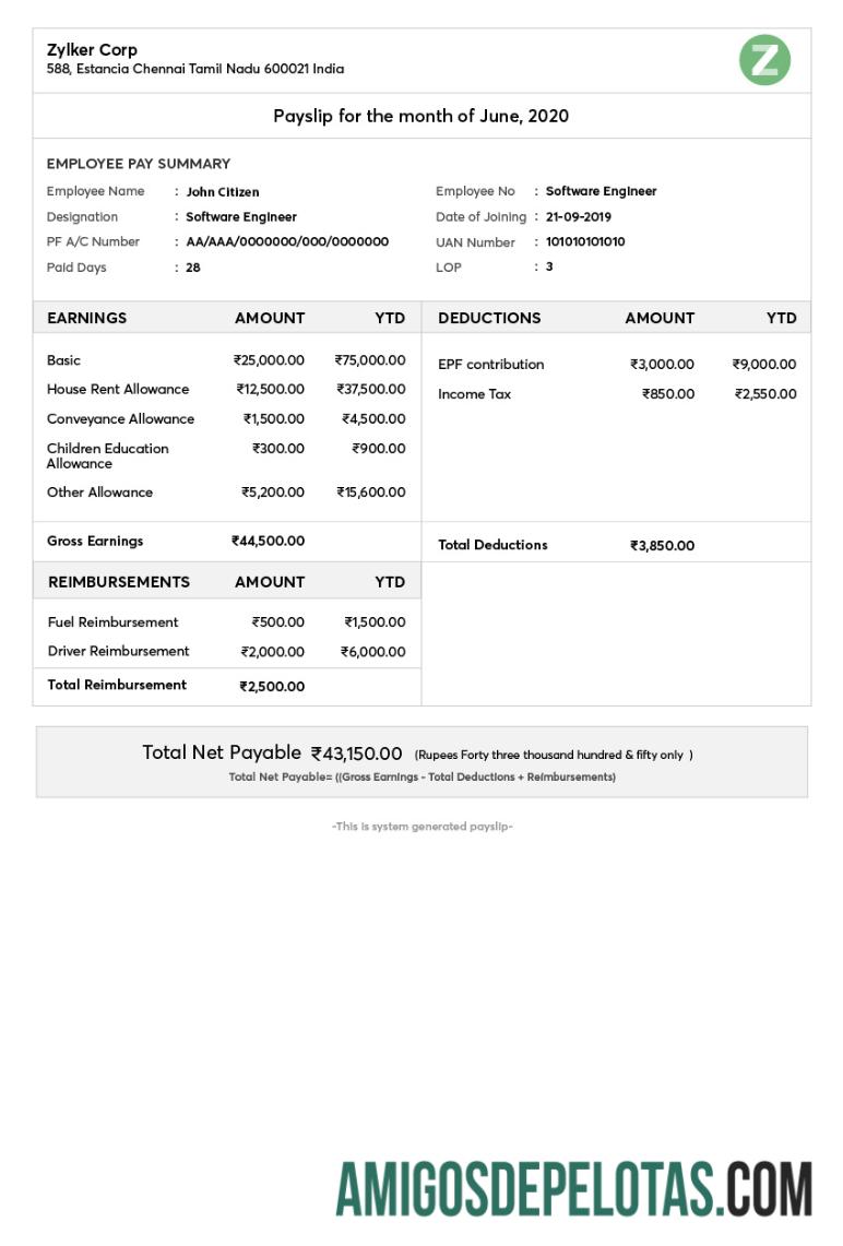Berkualitas India ZYLKER corporation payslip templat in Word and PDF format