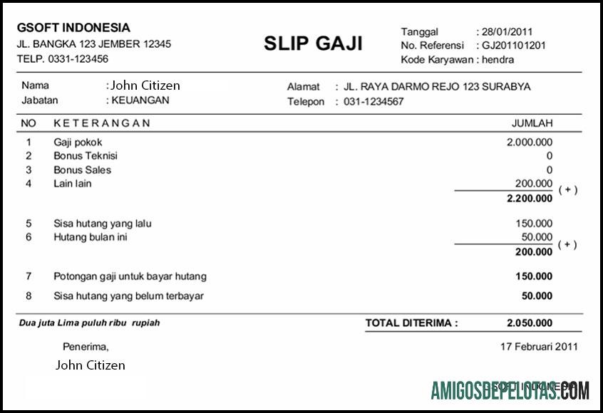 Profesional Indonesia GSOFT payslip templat in Word in PDF format