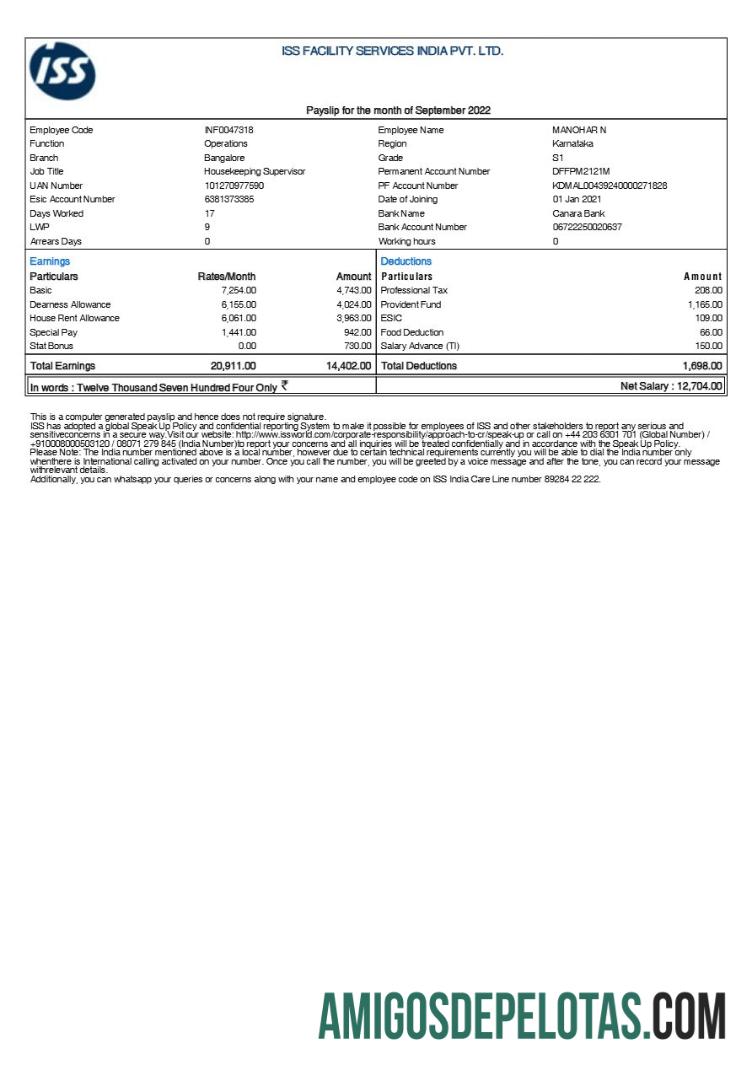 Dapat Diedit ISS facility services India payslip templat in Word and PDF format.PDF, 1