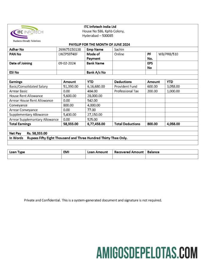 Dapat Diedit ITC Infotech payslip templat in Word and PDF format.PDF, 1