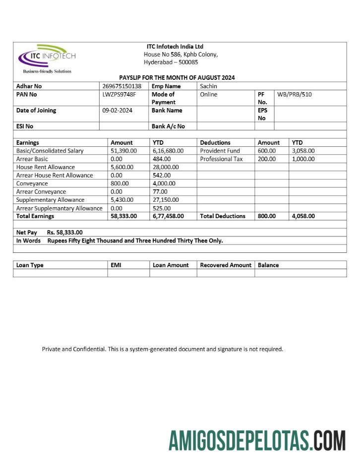 Premium ITC Infotech payslip templat in Word and PDF format.PDF, 3